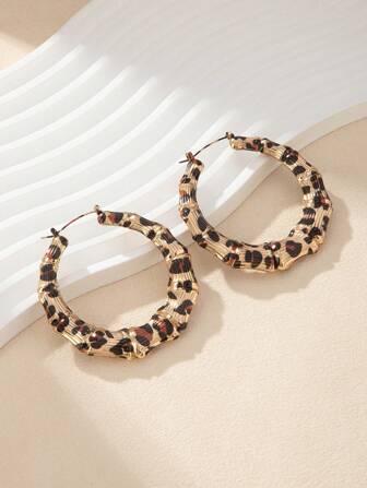 1 Pair Reversible Leopard Print Simple Bamboo Hoop Earrings For Women, European And American Style