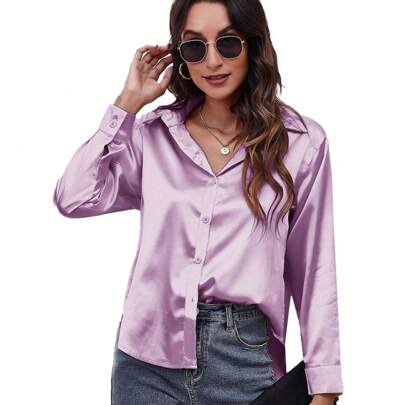 Camisa de Manga Larga de Satén de Imitación de Seda Para Mujer, Camisa de Manga Larga de Color Sólido Con Solapa Nueva