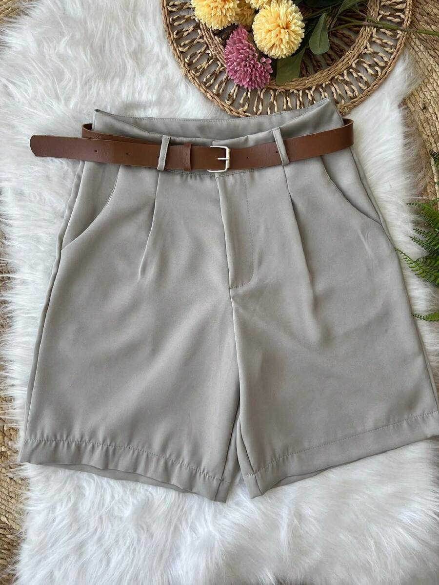 Tailored Bermuda Shorts For Women With Belt And Zipper And Bag - 淺灰色 - 查看 1