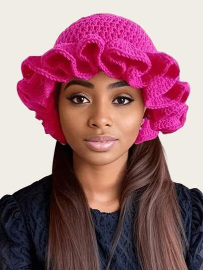 1pc Solid Color Knitted Hat, Black Beanie, Rose Red Pleated Hat, Bohemian Style, Casual Cute Elegant Retro Streetwear Hollow Knitted Fisherman Hat, Autumn/Winter Knitted Fisherman Cap, Suitable For Valentine's Day, Christmas, Holiday Gift