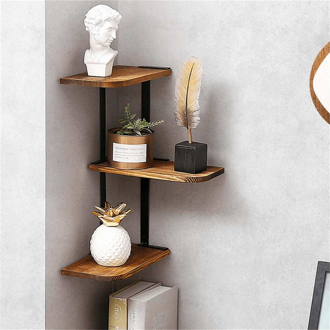 UNHO 3-Er Floating Retro Wooden Corner Shelf Shelves Mantle Solid Wood Bookcase Decor - Brown - View 1