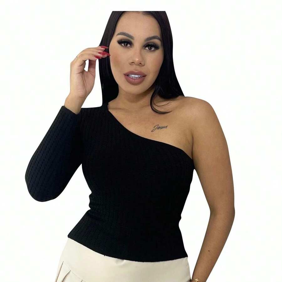 Mula Manca Long Sleeve Knit Women's Cropped Blouse - 黑色 - 查看 1