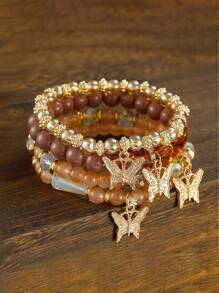 4 件儿童蝴蝶串珠手链套装，波西米亚风格闪光串珠手链时尚女孩珠宝配饰，可调节 - 蝴蝶吊墜手鍊 - 查看 4