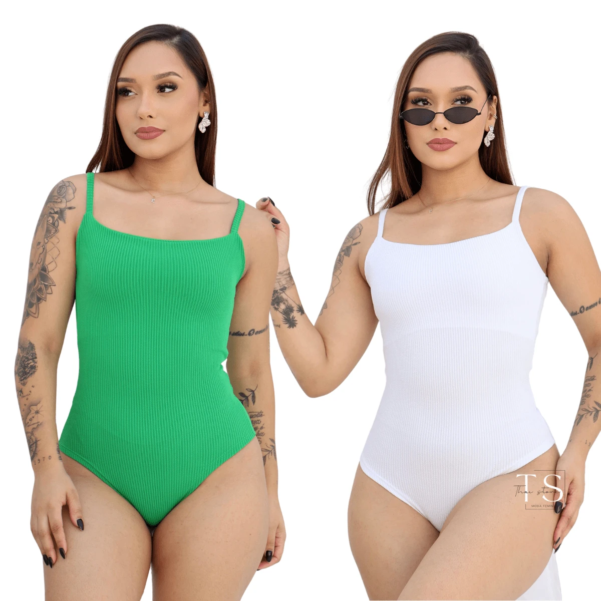 KIT 2 Women's Bodysuit With Thin Straps Premium Ribbed Terrycloth Straps - 白旗和綠旗 - 查看 1