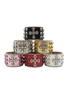 Braccialetti in pelle con rivetti a forma di croce, stile hip hop punk rock, ampi braccialetti per discoteca, DJ, cantanti, costumi di scena e cosplay - Multicolore - Visualizzare 4