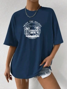 Oversized Streetwear T-Shirt Enjoy The Holiday Print 100% Cotton - Màu xanh hải quân - Xem 1