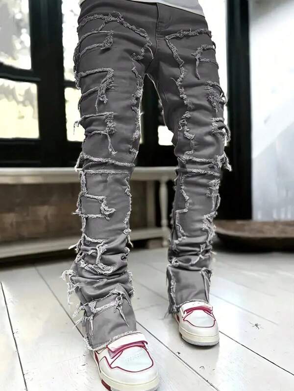 Men's Plus Size Solid Black Fringed Denim Jeans