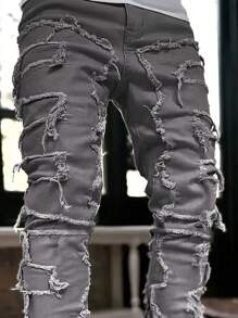 Jeans masculino plus size liso preto com franjas - Cinza - Ver 4