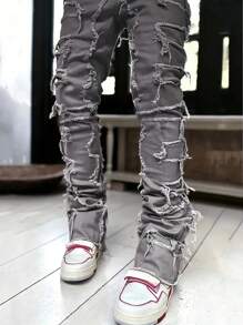 Jeans masculino plus size liso preto com franjas - Cinza - Ver 3