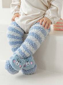 1 Cặp tất cao đến đầu gối chống trượt hoạt hình vui nhộn, tất lông cừu mềm mại ấm áp cho trẻ sơ sinh, dành cho mùa thu/đông - Màu xanh lam - Xem 1