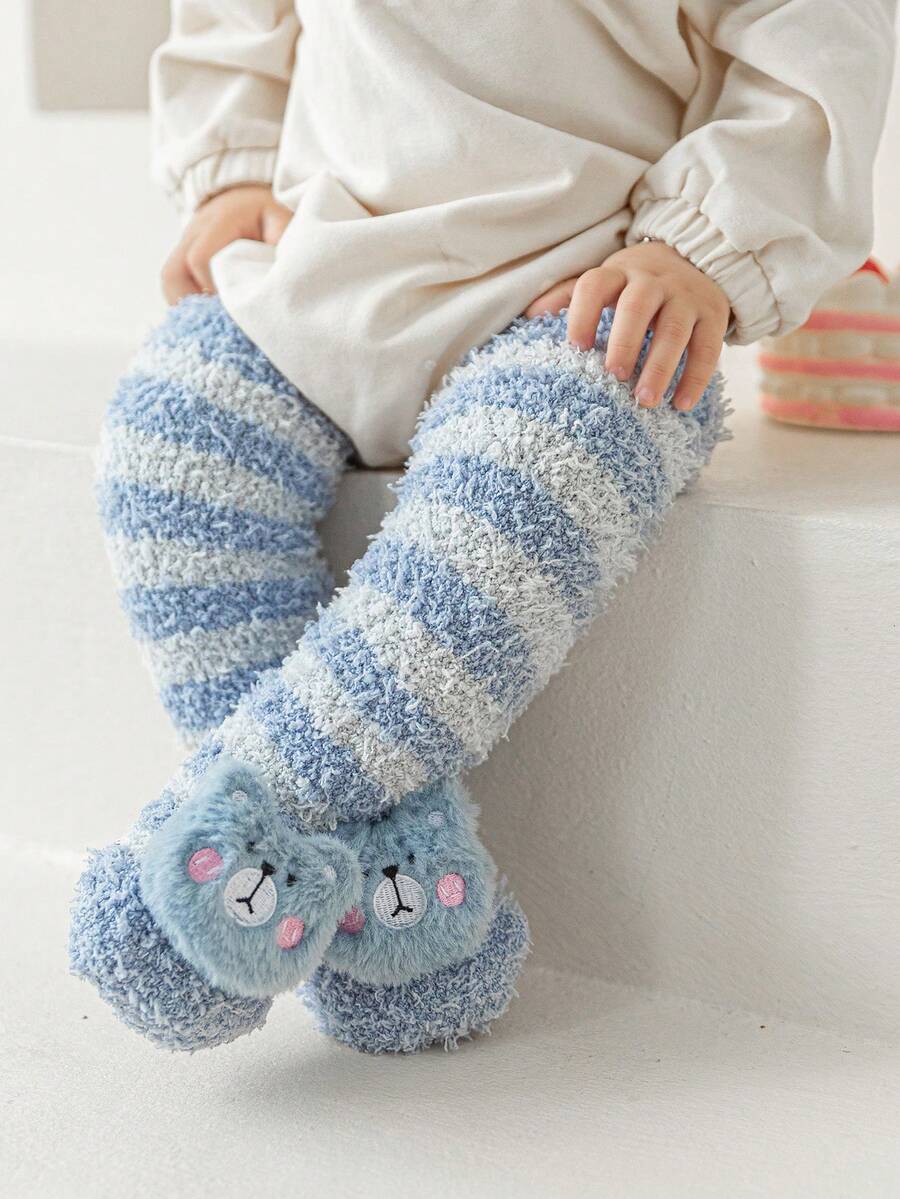 1 Cặp tất cao đến đầu gối chống trượt hoạt hình vui nhộn, tất lông cừu mềm mại ấm áp cho trẻ sơ sinh, dành cho mùa thu/đông - Màu xanh lam - Xem 1