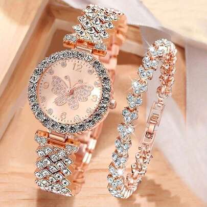 2pcs/Set Women Leisure Elegant Luxury Butterfly Fully Paved Diamonds Quartz Watch & Rhinestone Bracelet, Gift Set For Mom