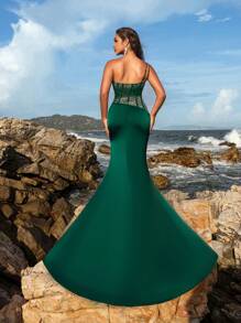 Faeriesty Rhinestone Detail One Shoulder Split Mermaid Hem Evening Dress, Elegant Formal Prom Gown, For Wedding Guest, Graduation, Dinner - Dark Green - View 3
