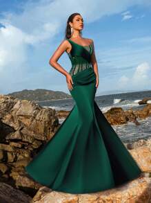 Faeriesty Rhinestone Detail One Shoulder Split Mermaid Hem Evening Dress, Elegant Formal Prom Gown, For Wedding Guest, Graduation, Dinner - Dark Green - View 9