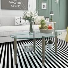 Transparent Oval Glass Coffee Table, Modern Table In Living Room Oak Wood Leg Tea Table 3-Layer  Glass Table Ckonson9