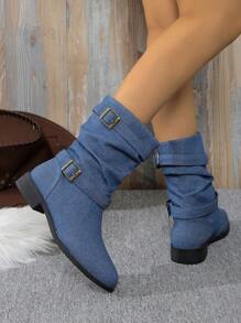 Plus Size Women's Vintage Denim Belt Buckle Round Toe Low Heel Casual  Boots, Suitable For All Seasons
