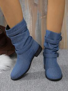 Plus Size Women's Vintage Denim Belt Buckle Round Toe Low Heel Casual  Boots, Suitable For All Seasons