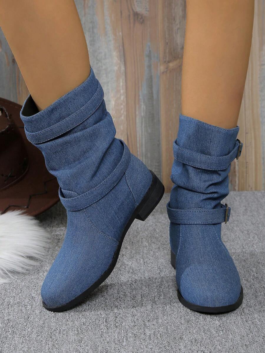 Plus Size Women's Vintage Denim Belt Buckle Round Toe Low Heel Casual  Boots, Suitable For All Seasons