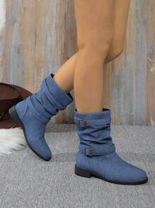 Plus Size Women's Vintage Denim Belt Buckle Round Toe Low Heel Casual  Boots, Suitable For All Seasons