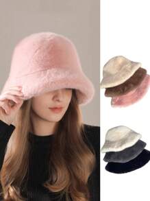 1pc Solid Color Casual Elegant Street Chic Polyester (Polyester) Fluffy Fluffy Patchwork Frayed Edge Bucket Hat, Versatile For Fall/Winter