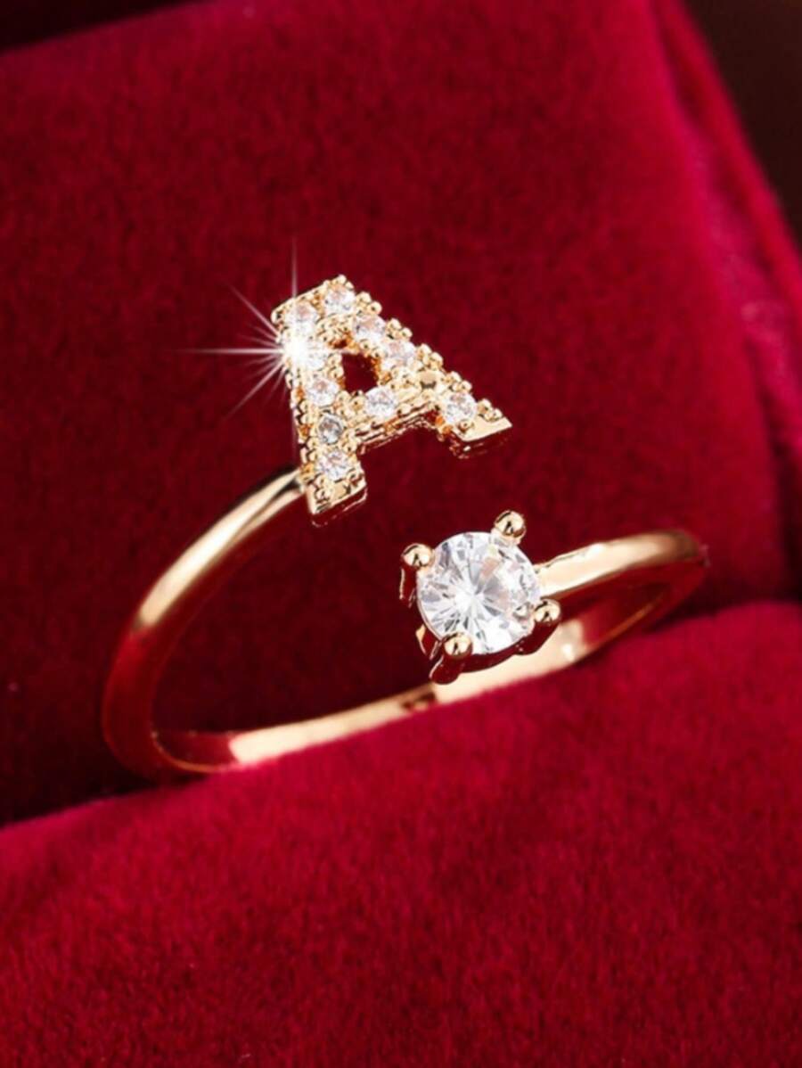 1 Stück Modischer Dekorativer Ring Für Frauen Mit 26 Buchstaben Und Verstellbarer Öffnung. Geeignet Für Jubiläum, Hochzeit, Party Und Tägliches Tragen - Gold - Übersicht 1