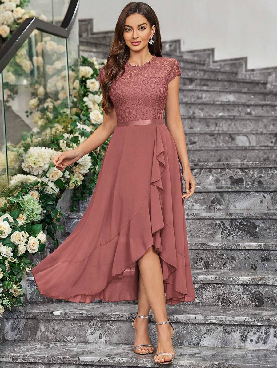 MIUSOL Contrast Floral Lace Chiffon Ruffle Hem Formal Party Long Dress - Bụi hồng - Xem 1