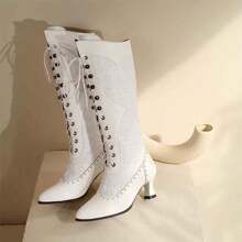 Botas para mujer - Botas por la rodilla con cordones y punta afilada, Botas blancas con cordones y tacones, Botas vaqueras, Botas de motorista