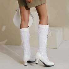 Botas para mujer - Botas por la rodilla con cordones y punta afilada, Botas blancas con cordones y tacones, Botas vaqueras, Botas de motorista