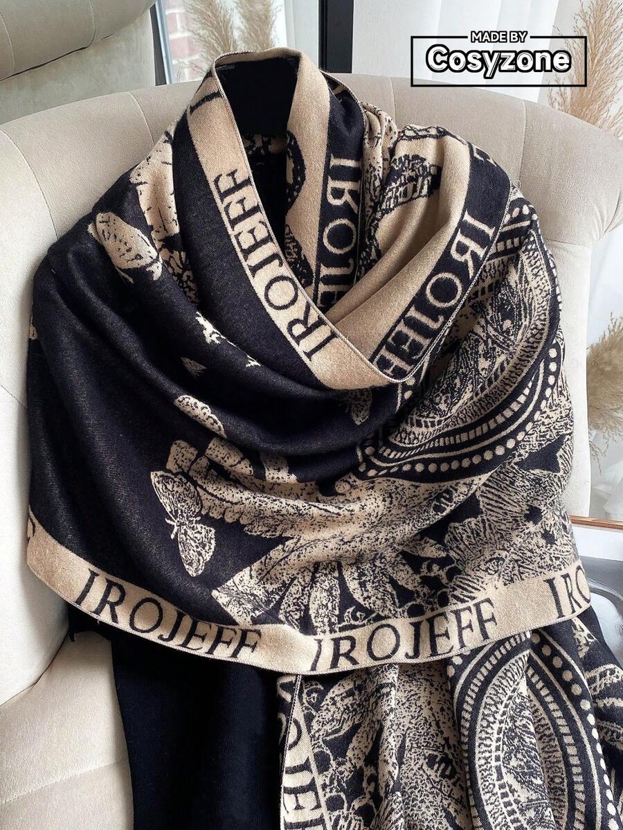 IROJEFF 1pc Women's Imitation Cashmere Butterfly & Floral Printed Scarf Shawl, Autumn/Winter