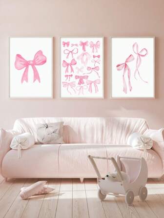 3pcs Pink Bow Canvas Poster Prints, Elegant Wall Art Nordic Poster, Girls Bedroom Decor, Apartment Kids Room Wall Hanging, Birthday Gift, Graduation Gift, Frameless