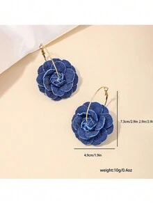1 par de pendientes de aro con flor de denim hecha a mano exagerada, pendientes de aro con flor de rosa de estilo vintage para mujeres, regalo de moda diario/fiesta/cumpleaños para amigos - pendientes de rosa azul - Ver 6