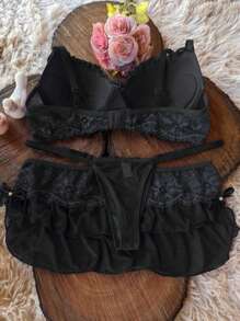 Lingerie With Bra Panties And Mini Skirt Thong And Skirt Sensual Lingerie Set With Madonna Cup - 黑色 - 查看 2