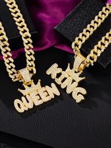 1 件女式全水钻字母皇冠“KING”“QUEEN”嘻哈吊坠项链首饰套装，个性化皇冠国王王后设计，镶嵌闪亮水晶，适合日常服装和派对配饰 - 字母 - 查看 2
