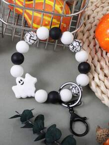 1pc Halloween Ghost Silicone Skull Print Beaded Keychain, ID Card, Lanyard, Bag Charm, Wristlet Key Ring, Halloween Christmas Gift Ideas Bag Lanyards With Id Holder Car Accessories Bag Charms