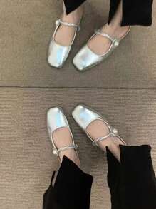 Silver Women' French Style Mary Jane Flat Mules Closed Toe Sandals, Spring/Summer/Fall