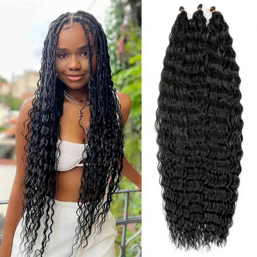 FULCRUM 10/16/20/26/32 英寸海浪钩针发黑色深波浪合成编织发适用于波西米亚辫子、波西米亚辫子、方形辫子和接发 - 黑色 - 查看 1