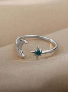 1pc Stylish Gold Plated Glow In The Dark Moon & Star Open Ring, Suitable For Women's Daily Wear, Jewelry Gift