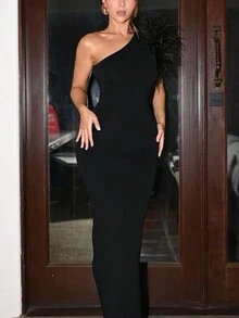 Đầm bodycon dài màu đen gợi cảm không tay một bên vai cho nữ mùa xuân hè dự tiệc tối kỳ nghỉ - màu đen - Xem 4