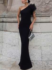 Đầm bodycon dài màu đen gợi cảm không tay một bên vai cho nữ mùa xuân hè dự tiệc tối kỳ nghỉ - màu đen - Xem 1