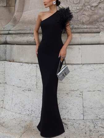 Women Elegant One-Shoulder Sleeveless Feather Bodycon Black Long Sexy Party Evening Vacation Spring Summer Dress