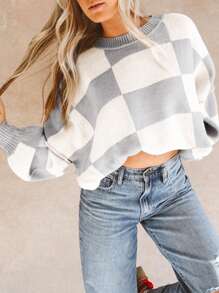 圆领格纹灰色主教袖优雅毛衣，长袖上衣