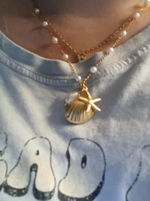 1PC 2025 Summer Starfish Shell Pearl Necklace For Women Men Gold Plated Choker Stainless Steel Jewelry Beach Vacation Gift