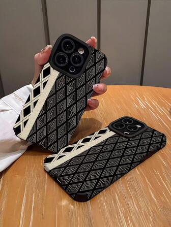 1pc Plaid Stripes Faux Leather Shockproof Anti-Fingerprint Soft Phone Case Compatible With Iphone And Models