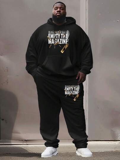 Plus Size 2pcs Men Hooded Sweatshirt And Pants Set, Thermal Lined , Thick Warm, Loose Fit, Graphic Printed, Hoodie Tracksuit For Autumn Winter