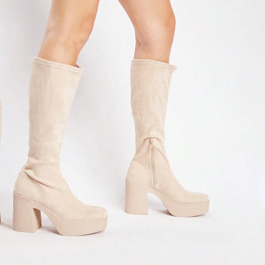 Chunky Heel Below Knee Boots - Beige - View 1