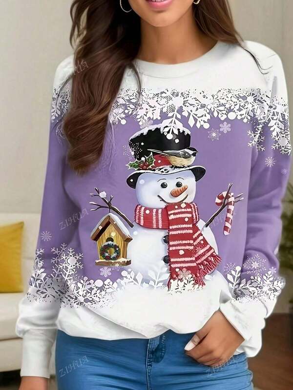 Women Snowman Print Crew Neck Long Sleeve Sweatshirt