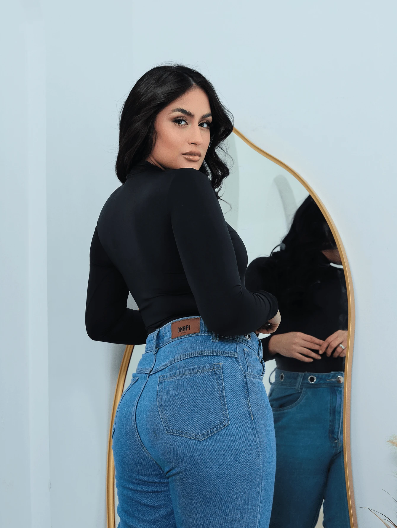 Women's Basic Second Skin Leotard Bodysuit High Neck Long Sleeve Fashion Blogger - màu đen - Xem 1