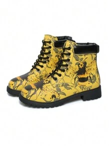 Cross-Border Plus Size Autumn Winter Lace-Up Boots 3D Bumblebee Print British Style Mid-Calf Leather Boots Round Toe Women Casual Snow Boots Riding Shoes Match Any Corset