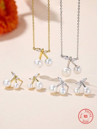 S925 Sterling Zilver 3-delige kersenhouten hanger ketting & oorbellen set, elegante schattige stijl voor tieners, dagelijks gebruik, bijeenkomsten, festivals, vakantiecadeau