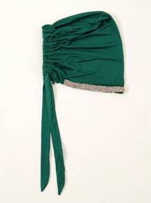1 件女士时尚纯色水钻装饰穆斯林领带帽，百搭围巾头巾底帽，适合日常佩戴 - 墨綠色 - 查看 4